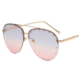 Frameless Sunglasses Cross border Punk Personality Rivets Sunglasses Fashion Toad Sunglasses (colour: Gold framed blue pink slice)