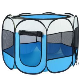 Portable Foldable Pet Playpen Exercise Pen Kennel Removable Zipper Top and Bottom Water Resistant Indoor Outdoor Use For Dogs Cats Other Pets (Color: Blue)